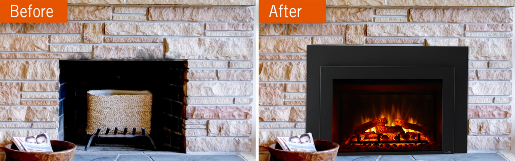 Electric Fireplace Insert Before and After with AES Hearth & Patio